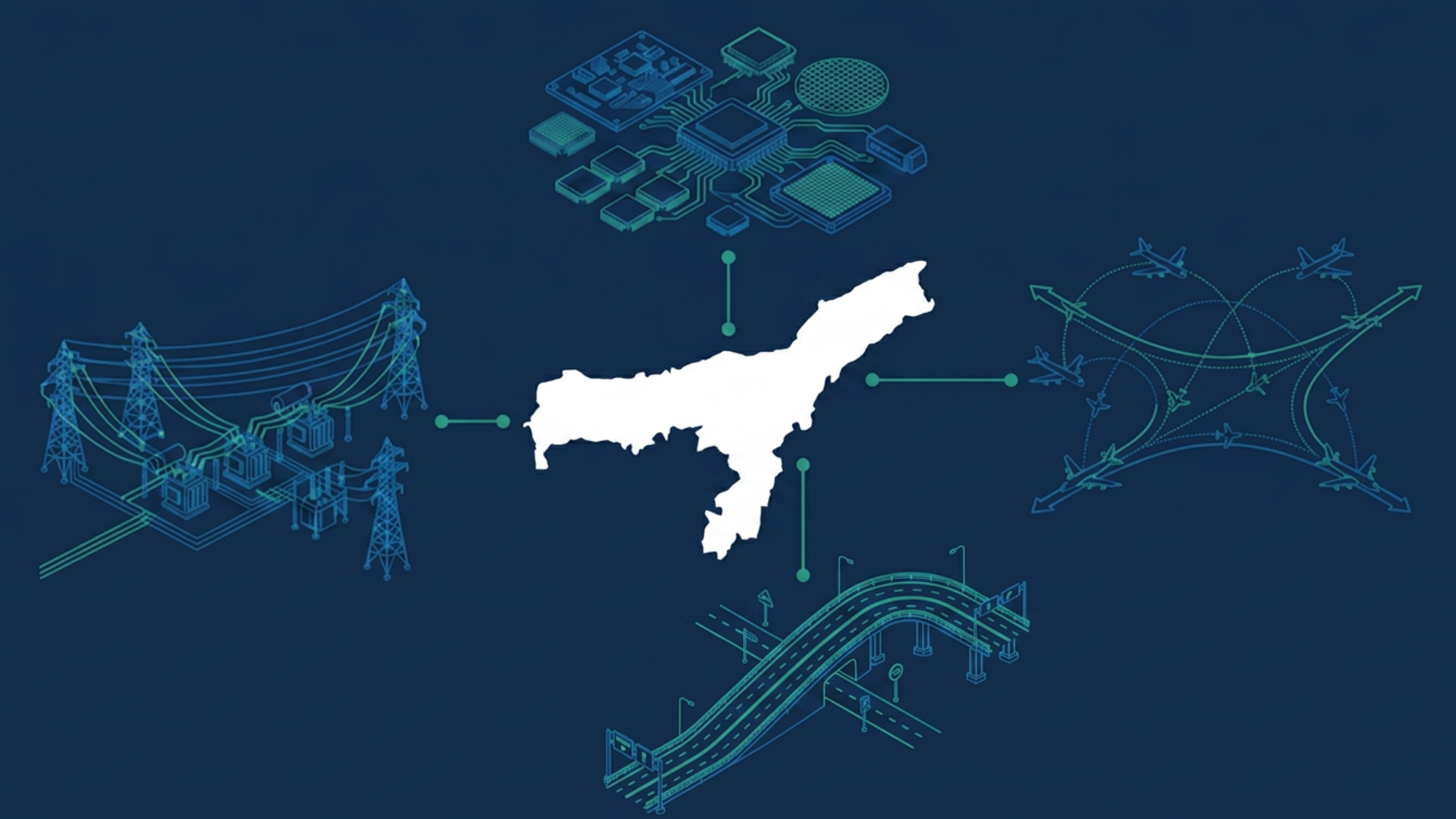 Assam Budget 2026-27 industrial strategy: semiconductor cluster at Jagiroad, Guwahati Aerotropolis, road corridor map and power grid, representing manufacturing and logistics investment in Northeast India