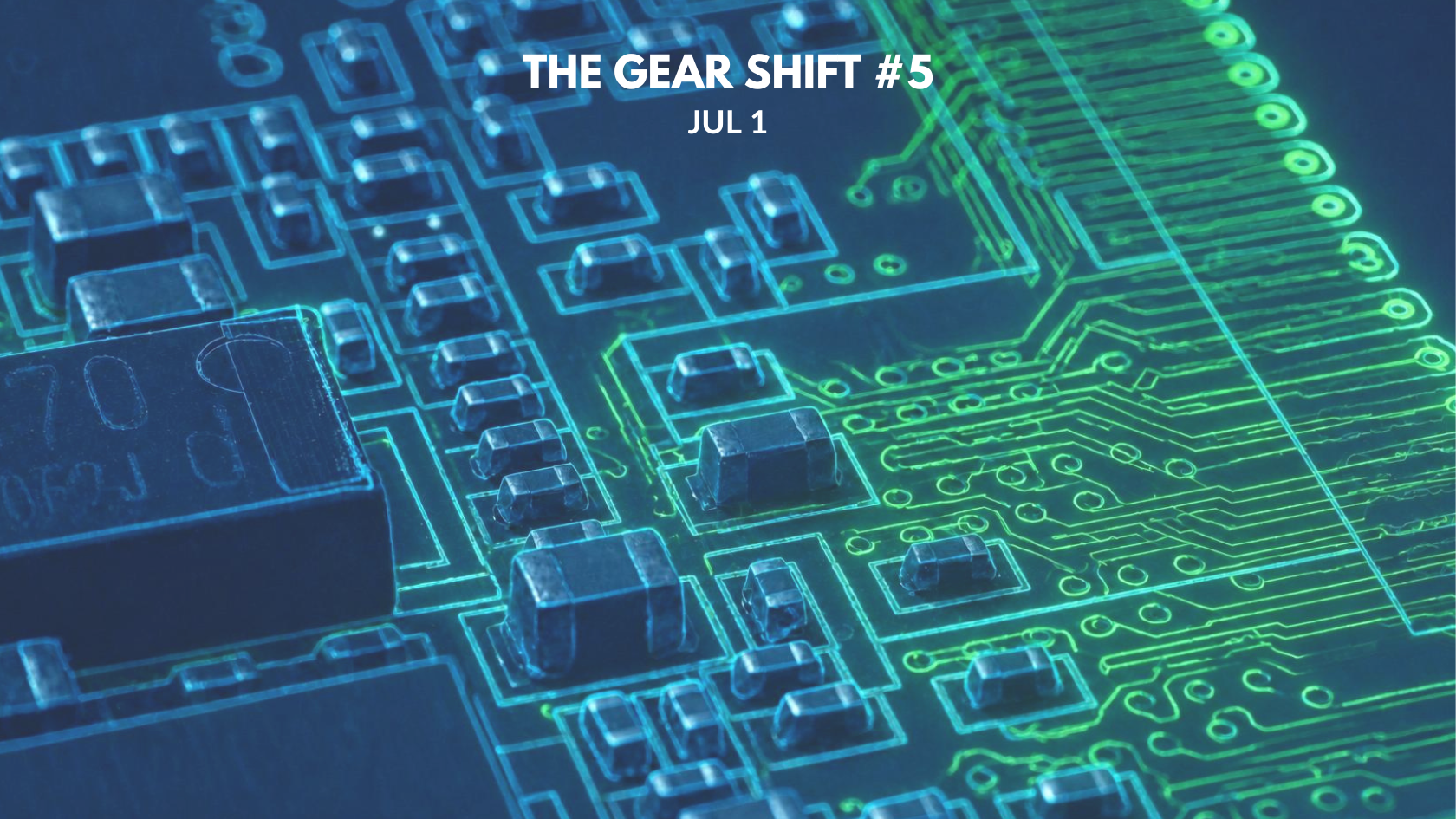 Isometric schematic of a multi-layer printed circuit board stack with exposed copper traces on a deep navy grid background