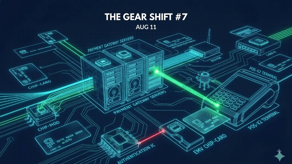 Isometric illustration of stacked printed circuit boards queued behind a factory gate, deep navy grid background with amber queue markers
