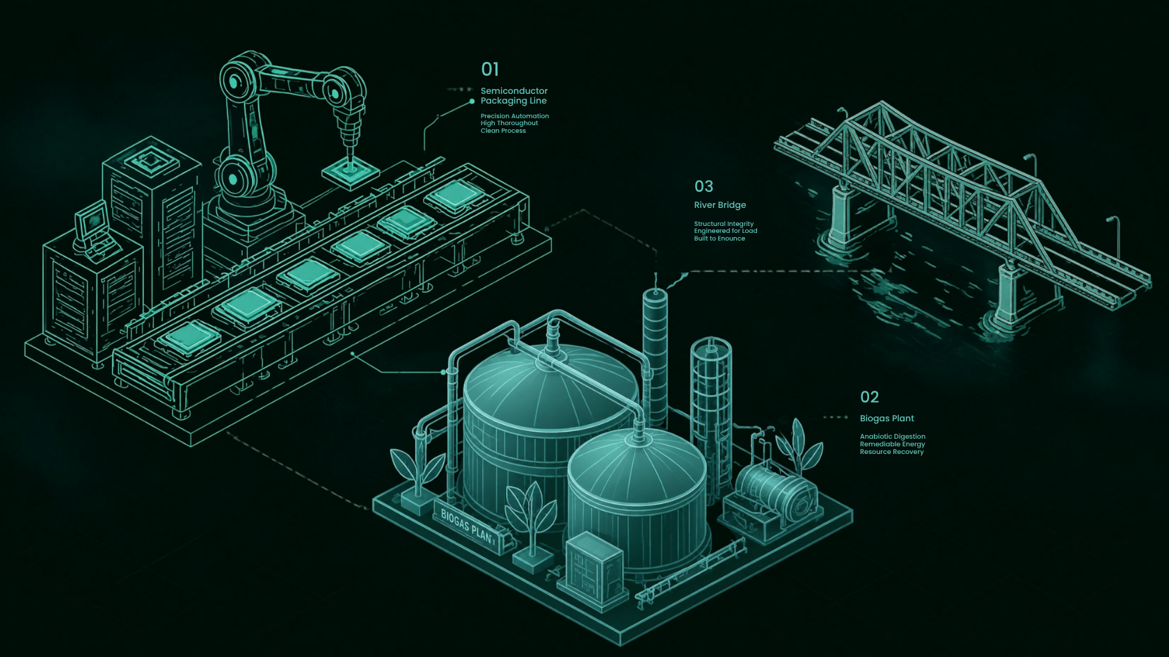 Isometric line art showing a semiconductor packaging line, a biogas plant and a river bridge connected across a map of Assam and Meghalaya, representing Japan's investment map after the 2026 summit
