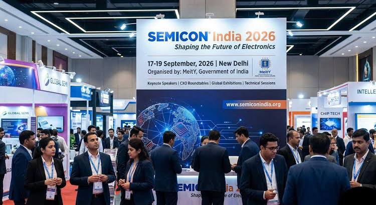 The SEMICON India 2026 exhibition floor at Yashobhoomi, Dwarka, over three days in September 2026